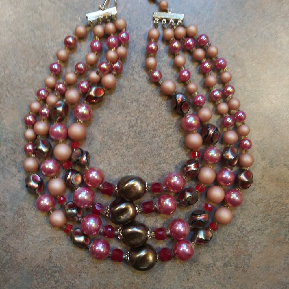 Vintage Japan 4 Strand Blush Pearl Carnival Glass Art Glass AB Bead Necklace